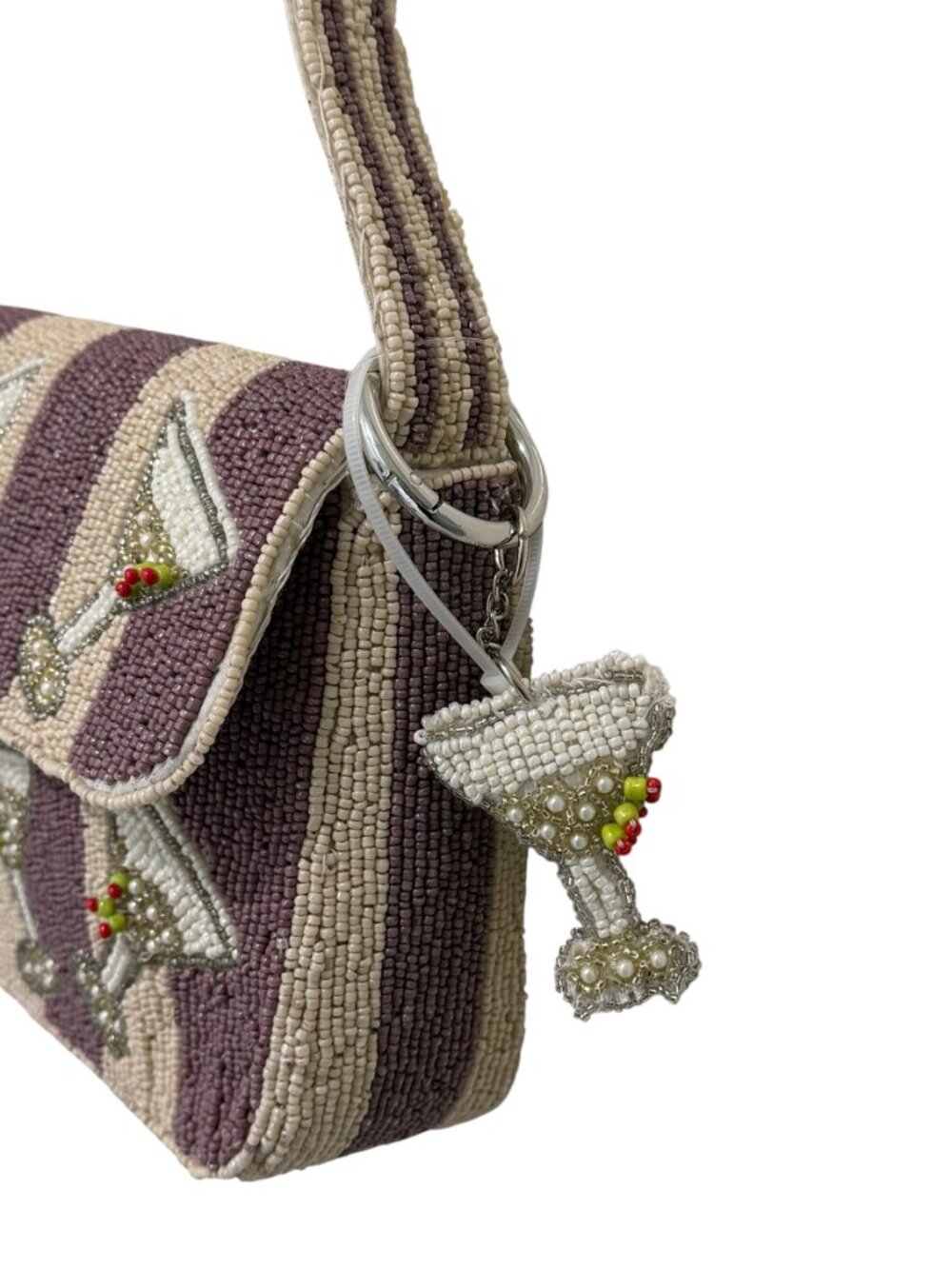 Dirty Martini Olives Striped Beaded Bag with Keychain Charm Handmade India  NWT - Picture 6 of 6